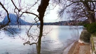Lugano Gölü ve San Salvatore Gölü 'nün Timelapse' si Ciani Park, Lugano, İsviçre 'deki çınar ağacı dallarından geçiyor.