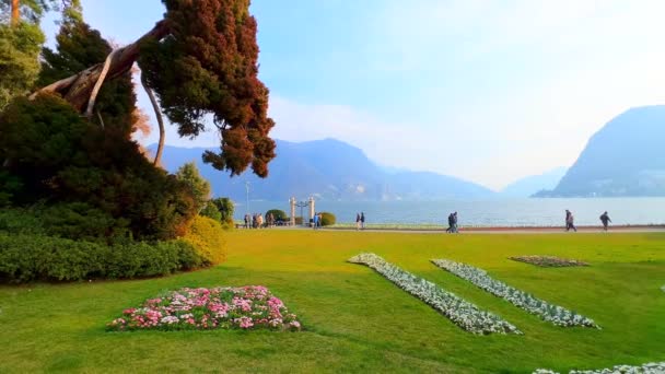 Gramado Verde Pinheiros Exuberantes Canteiros Flores Ornamentais Parque Ciani Localizado — Vídeo de Stock