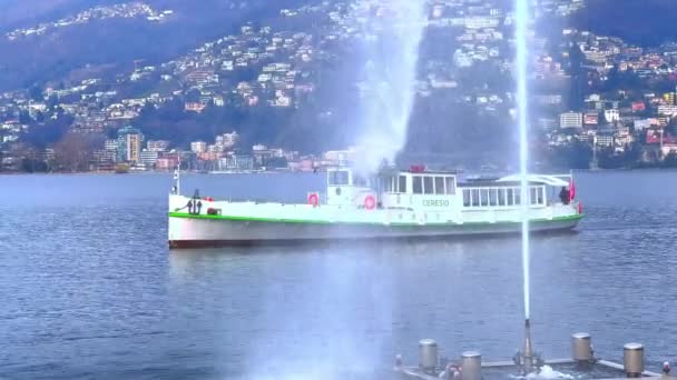 Panorama Del Lago Lugano Con Getto Acqua Jet Agua Bahía — Vídeos de Stock