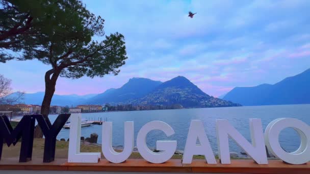 瑞士提契诺卢加诺卢加诺湖畔帕尔科贝尔韦代雷的现代木制标志Mylugano — 图库视频影像