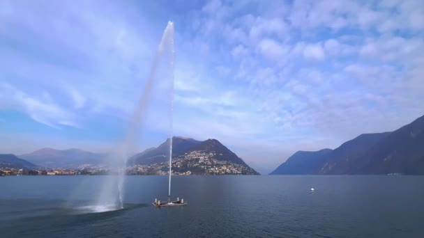 Panorama Com Getto Acqua Jato Água Baía Lugano Fonte Lago — Vídeo de Stock