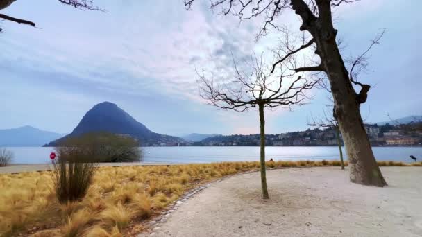 湖畔シアニ公園のパノラマ 小さな砂浜 ルガーノ湖 モンテサンサルバトーレを背景に ルガーノ ティチーノ スイス — ストック動画