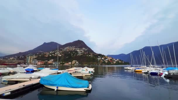 Панорама Причаленими Яхтами Човнами Верфях Яхт Проти Монте Бре Монте — стокове відео