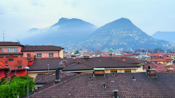 Nevoeiro Monte Bre Monte Boglia Com Telhados Antigos Lugano Primeiro — Vídeo de Stock