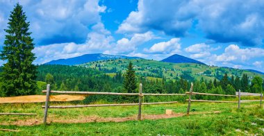 Yeşil dağlar, çitlerin arkasında çayırlarla ve kozalaklı ormanlarla kaplı, Yablunytsya, Karpatlar, Ukrayna