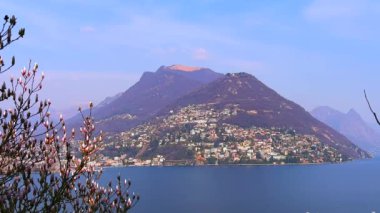 Mavi Lugano Gölü, Monte Bre ve Monte Boglia, Paradiso, İsviçre üzerinde beyaz tomurcuklu manolya dalları