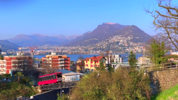 Monte Bre Lugano Gölü Monte San Salvatore Funicular Klasik Kırmızı — Stok video