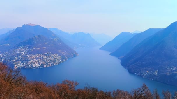 Monte San Salvatore Boasts View Azure Lake Lugano Surrounded Hazy — Vídeo de Stock