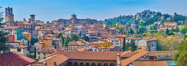 stock image Panorama of the Citta Alta tile roofs, historic townhouses and mansions, towers and domes of medieval churches, building of Episcopal Seminary of Giovanni XXIII and green San Vigilio Hill, Italy