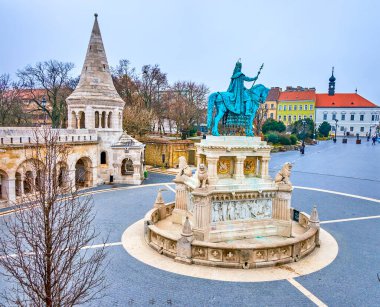 Holy Trinity Square of Fisherman's Bastion and St Stephen statue, Budapset, Hungary clipart