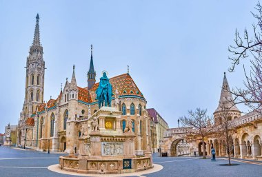 Panorama of Fisherman's Bastion with ramparts, towers, Matthias Church and Equestrian statue of St Stephen, Budapest, Hungary clipart