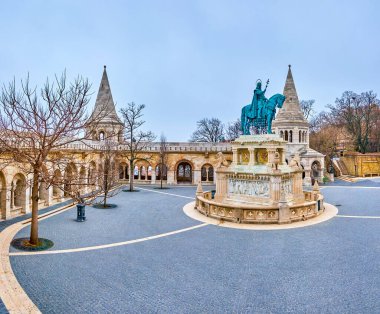 Holy Trinity Square of Fisherman's Bastion and St Stephen statue, Budapset, Hungary clipart