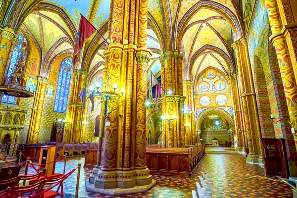 BUDAPEST, HUNGARY - 28 Şubat 2022: 21 Şubat 'ta Budapeşte, Macaristan' da Matthias Kilisesi 'nin iç kısımlarında kaburga kasaları, sütunlar, vitray pencereler ve ahşap mobilyalar ile panoramik manzara