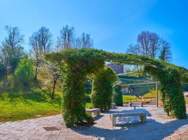 San Vigilio Şatosu, Bergamo, İtalya 'daki parktaki bükülmüş bitkilerle kaplı gölgeli oyuk.