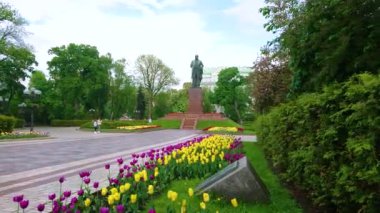 Taras Shevchenko manzaralı yeşil parkın manzarası Shevchenko anıtı, uzun yeşil ağaçlar, budanmış thuja çalıları ve çiçek açan lale çiçekleri, Kyiv, Ukrayna
