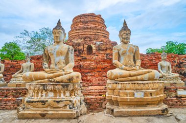 Antik Wat Yai Chai Mongkhon Tapınağı, Ayutthaya, Tayland 'daki Oturan Buda heykelleri.