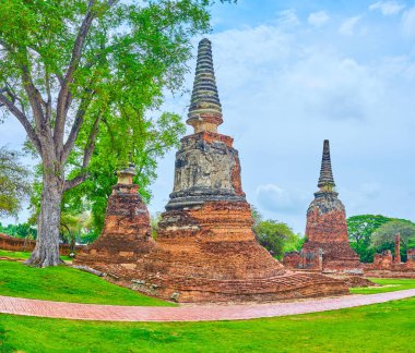 Wat Phra Si Arkeoloji kompleksi, Ayutthaya, Tayland tuğla kalıntıları olan gölgeli yeşil park.
