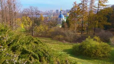Kyiv Botanik Bahçesi 'nin yeşil yamacında uzun tarlalar, ardıç çalıları, otlar ve arka planda Vydubychi Manastırı' nın mavi kubbeleri, Ukrayna