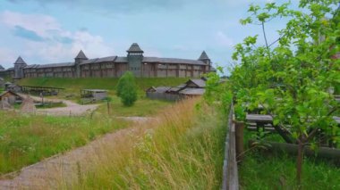 Kyiv Rus Parkı panoraması, yemyeşil ağaçlar, uzun otlar ve kır çiçekleri ile çevrili Kyiv Detinets (Kale) ile Ukrayna