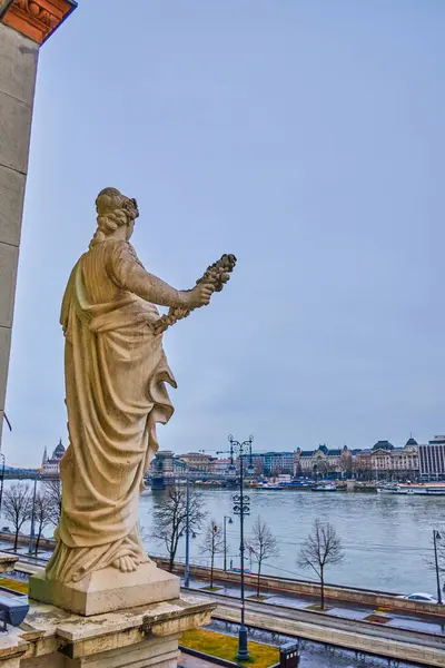 Stock image Viewing terrace with sculptures of Buda Castle Garden Bazaar overlooking the riverside Ybl Miklos Square, Friedrich Born embankment and Danube River, Budapest, Hungary