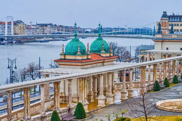 stock image Castle Garden Bazaar, Danube River, Gellert Hill and Pest embankment from the Castle Hill, Budapest, Hungary