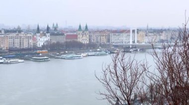 Puslu Tuna Nehri, Elisabeth Köprüsü, haşere kasabaları, İç Şehir Kilisesi ve Kutsal Bakire Meryem Katedrali 'nin yüksek çan kuleleri, Budapeşte, Macaristan