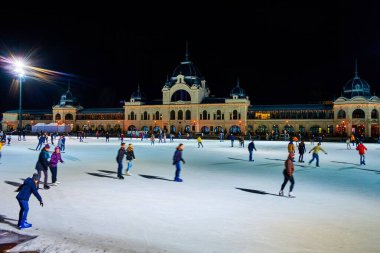 BUDAPEST, HUNGARY - 21 Şubat 2022: Meşgul Şehir Parkı Paten Pistinde Aktivite, 21 Şubat 'ta Budapeşte' de büyük bir buz pateni pistinde kayan insanlar