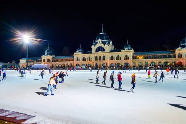 BUDAPEST, HUNGARY - 21 Şubat 2022: Meşgul Şehir Parkı Paten Pistinde Aktivite, 21 Şubat 'ta Budapeşte' de büyük bir buz pateni pistinde kayan insanlar