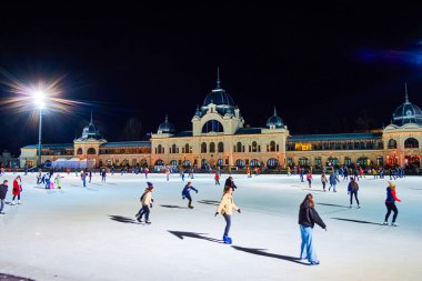 BUDAPEST, HUNGARY - 21 Şubat 2022: Meşgul Şehir Parkı Paten Pistinde Aktivite, 21 Şubat 'ta Budapeşte' de büyük bir buz pateni pistinde kayan insanlar