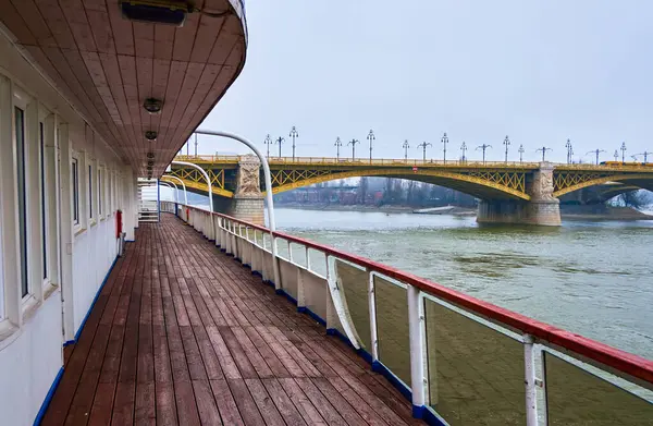 stock image The foggy morning over Margaret Bridge, viewed from the deck of a ship on the Danube River in Budapest, Hungary