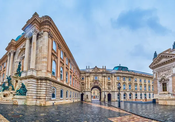 stock image Panorama of Buda Castle complex with Matthias Fountain and the passage to the Lion courtayrd, Budapest, Hungary