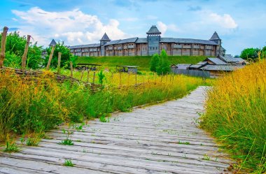 Ukrayna 'daki Kyiv Rus Parkı Kalesi' nin detaylarına giden yeşil çayırın ortası.