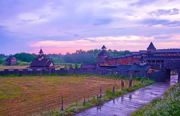 stock image The purple twilight sky over the timber Detinets Citadel in Kyiv Rus Ethno Park, Ukraine