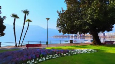 Maggiore Gölü, Locarno, Ticino, İsviçre 'deki göl kenarındaki parkta çiçekli, yemyeşil ağaçlı ve uzun palmiyeli bir panorama.