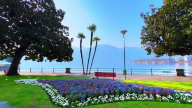 Maggiore Gölü, Locarno, İsviçre seti üzerine yayılmış yeşil ağaçlar ve renkli çiçek yataklarıyla panorama
