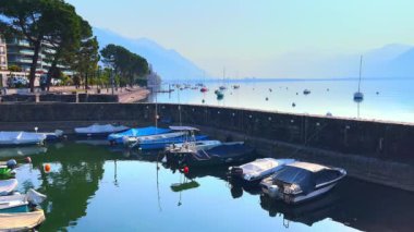 Maggiore Gölü 'nde demirlemiş tekneleri olan küçük marina. Arka planda yemyeşil çamlar, Locarno, Ticino, İsviçre.