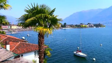 Maggiore Gölü kıyısında küçük yelkenli yatı ve arka planda Ascona konutu olan uzun yeşil palmiye, İsviçre
