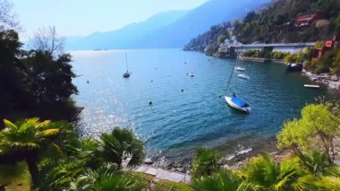 Küçük yelkenli yatları olan güzel liman yemyeşil ve dik Alp yamaçlarıyla çevrili, Ascona, Ticino, İsviçre
