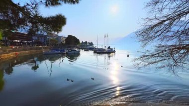 Gündoğumunda Maggiore Gölü 'ndeki tersanede yüzen yaban ördekleri ve demirli botlar, Locarno, İsviçre