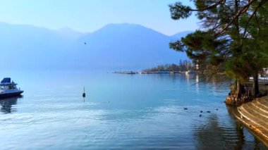Arka planda mavi Maggiore Gölü ve puslu Lepontine Alpleri Panoraması, Locarno, İsviçre