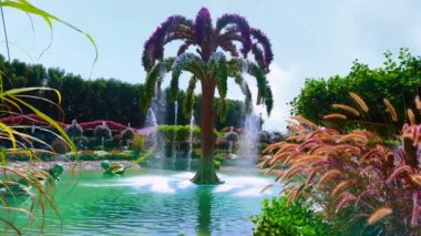 DUBAI, BAE - 5 Mart 2020: 5 Mart 'ta Dubai' de, palmiye ağacı şeklinde, beyaz ve pembe petunyalarla kaplı güzel Miracle Garden göletinin yanında rahatlayın