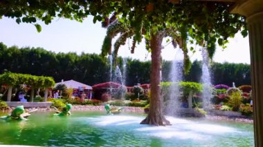 DUBAI, BAE - 5 Mart 2020: Miracle Garden 'daki gölgeli pavyon, 5 Mart' ta Dubai 'de kaplumbağa heykelleri ve çiçeklerle süslenmiş palmiye ağacı şeklindeki bir çeşme ve küçük bir gölet üzerindeki manzarayı açıyor.