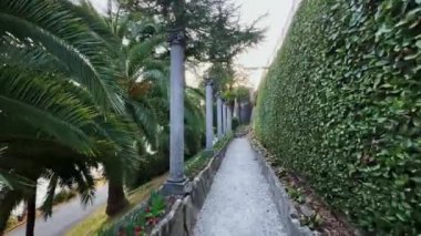 Park Villa Heleneum 'daki yüksek budanmış çalılar, yemyeşil palmiyeler ve manzaralı teras, gün batımında Ceresio Gölü ve Alpleri gözlemleyen Lugano, Ticino, İsviçre