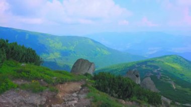 Eared Stone Dağı, Chornohora Sıradağları, Karpatlar, Ukrayna 'nın yamacında dev kaya oluşumlarıyla panoramik yeşil dağ manzarası