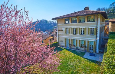 Evdeki küçük bahçede yeşil çimenler ve çiçek açan ağaçlar, Carabbia, Lugano, İsviçre