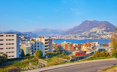 Lugano şehri Ceresio, Monte Bre, Monte Boglia, modern yaşam alanları ve Monte San Salvatore funicular, Paradiso, İsviçre