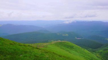 The stunning Carpathian landscape from the peak of the Mount Hoverla with bright green Hoverlyana top and the trail, leading to Hoverla, Chornohora Range, Carpathians, Ukraine