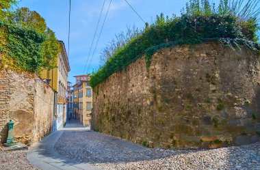 Via Salvecchio, Citta Alta, Bergamo, İtalya 'da yemyeşil çalılarla kaplı ortaçağ taş duvarı.
