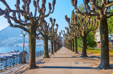 Lugano, Ticino, İsviçre 'deki Lugano Gölü seti boyunca uzanan göl kenarındaki Heykel Parkı' nın ara sokağında.