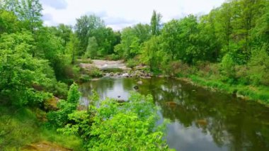 Güzel bahar ormanları ve hızlı ve küçük şelaleleri olan sığ nehir Ros 'u, Korsun, Ukrayna